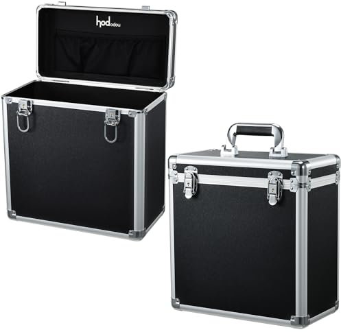 Vinyl Record Storage Case LP Storage Box Record Box Portable Album Collection Display Box Water Resistant Organizer Storage Holds 50 Valuable Records 7/10/12 Inch with Mesh Bag, Black