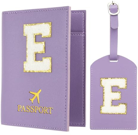 PATIKIL Porta Passaporto da Viaggio, Custodia per Passaporto con Iniziale e Set Etichetta Bagaglio con Toppa in Lettera Chenille, Portafoglio da Viaggio e Identificatore Valigia, Viola E