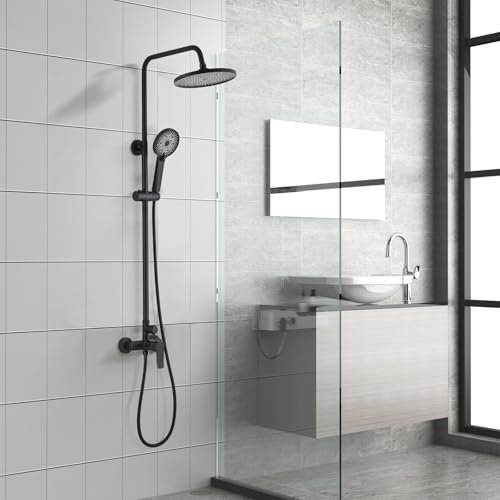 STANEW - Columna de ducha para cuarto de baño, conjunto de ducha mecánico con cabezal de ducha redondo y puño de ABS con 3 chorros (negro)