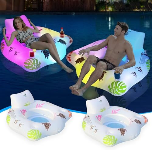 Confezione da 2 galleggianti solari per piscina con luci che cambiano colore, sedie gonfiabili di alta qualità con 2 portabicchieri e maniglie, zattere da piscina oversize per adulti