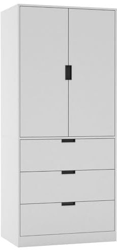 URBNLIVING Modern 2 Door Wardrobe with 3 Drawers & Hanging Rail, Stylish Freestanding Storage, Spacious Interior, Durable Chipboard Build, Easy to Assemble Bedroom Furniture