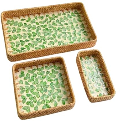 Joyeee 3 Pack Natural Woven Serving Basket Set, 1 Large Rectangle Rattan Serving Trays, 1 Square Woven Tray and 1 Small Long Narrow Rectangle Basket for Home, Restaurant, Bakery