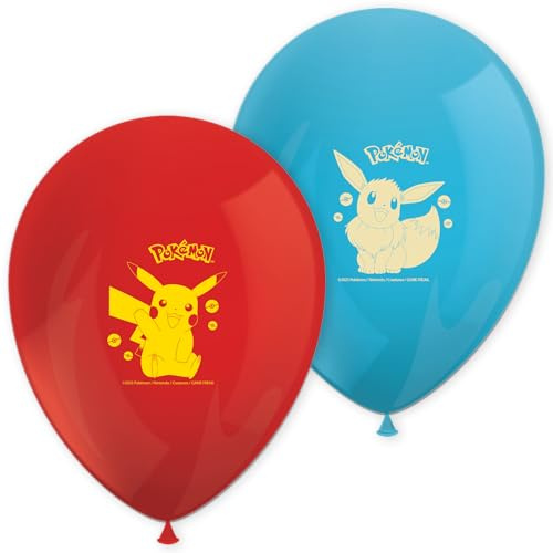 Procos 98396 Luftballons Pokemon, 8 Stück, Ø 21 cm, bedruckt, rot, blau, Latexballons, Geburtstag, Deko