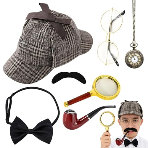 7 Stück Detektiv Kostüm Zubehör Set, 1920er Jahre Detektiv Kostüm, Sherlock Holmes Zubehör mit Detektivhut Lupe Metallbrille Herrenfliege Bart, Detektiv Cosplay Requisiten für Karneval Cosplay Party