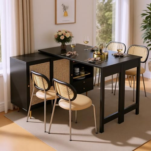 Merax Mesa de bar extensible con función giratoria de 360 ° – isla de cocina retro con bar y mostrador, aparador multifuncional con puertas de ratán, ampliable para salón y comedor