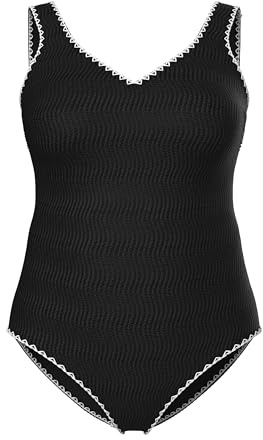 Ulla Popken Damen große Größen Übergrößen Plus Size Badeanzug, Struktur, ohne Softcups, V-Ausschnitt schwarz 46+ 836867100-46+