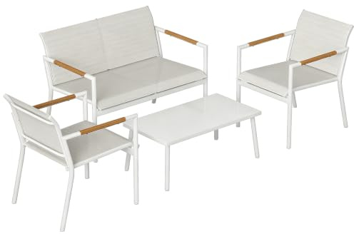 Outsunny Gartenmöbel Set Sitzgruppe für 4 Personen mit 2er Sofa Cremeweiß | Atmungsaktiv, Gartenlounge, 2 Sessel, Metall-Tisch, Fußpads, Wetterfest, Outdoor Balkonmöbel, Terrassenmöbel