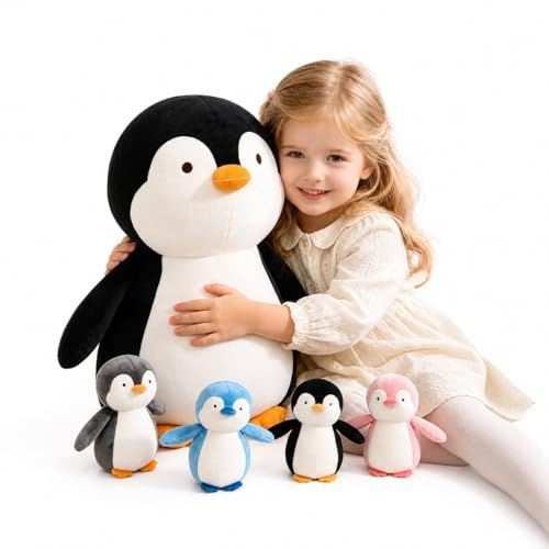 Dalmao 5-teiliges Pinguin Plüschtier Set, 40 cm Weiches Pinguin Kuscheltier mit 4 Baby Stofftieren im Bauch, Süßes Plüschtier Geschenk für Mädchen Jungen Kinder