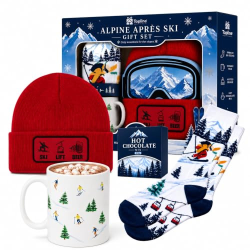 Topline Cozy Skiing Gift Set for Men – Ski Red Knitted Beanie Hat, Ceramic Mug, Cozy Socks & 20g Double Hot Chocolate Mix – Christmas Stocking Fillers, Birthday Gifts for Men, Winter Gifts for Women
