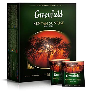 GREENFIELD KENYAN SUNRISE | Schwarztee | Hochwertiger Schwarzer Tee | 100 Frühstücksteebeutel | 100 tea bags| Kenia | Frühstück Tee | Koscher | Gluten-frei | 100 Doppelkammerbeutel im Einzelkuvert