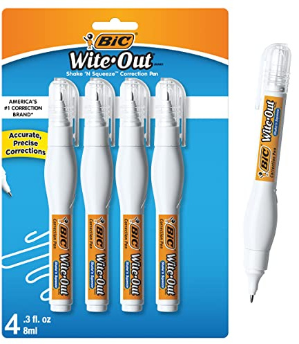 BIC Wite-Out Brand Shake 'n Squeeze Correction Pen, 8 ML Correction Fluid, 4-Count Pack of white Correction Pens, Fast, Clean and Easy to Use Pen Office or School Supplies