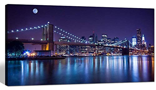 Sea Bead/– Charm Brooklyn Bridge Leinwand Wand Kunst, groß 61 x 121,9 cm Modern New York City Leinwandbild, Manhattan Skyline beleuchtet mit Full Moon Giclée-Art Wand, gerahmt und fertig zum Aufhängen