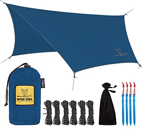 Wise Owl Outfitters Tarp Sonnensegel wasserdicht - Zeltplane als Regen- u. UV-Schutz für Hängematte, Feldbett, Strand - Camping Zubehör - Notfallzelt - Ultraleicht 735g - Outdoor Ausrüstung (Blau)