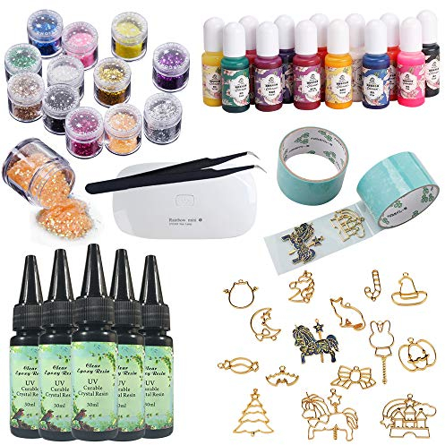 Mestieri con Resina per Gioielli, Kit 5* Epossidica UV Trasparente + 14 Castoni per Pendenti Collane + 2 Nastri + 13 Pigmenti + 12 Luccica Coriandoli Paillettes + Mini Lampada con USB + Pinzetta