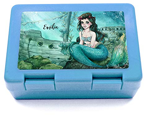 ilka parey wandtattoo-welt Lunchbox Brotdose blau mit Meerjungfrau versunkenes Schiff & Name Wunschname Geschenk Einschulung Schule Kindergarten LB17