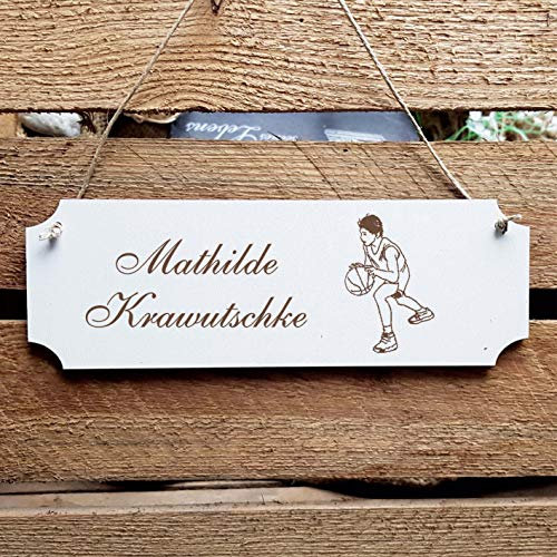 SignBasketball Door Sign with Personalised Engraving and Motif, Size Approx. 20 x 6.7 x 0.5 cm – Shabby Decoration Name – Sports Basketball Player