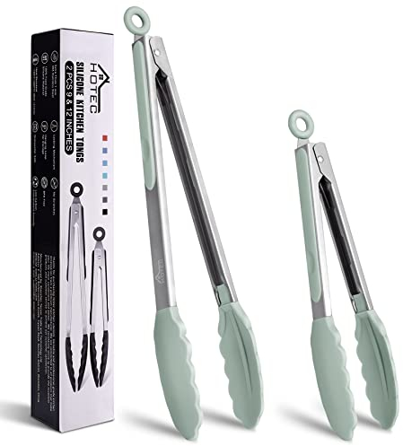 Hotec Pinzas de cocina de acero inoxidable de con puntas de silicona, juego de 2 a 9 pulgadas y 12 pulgadas, verde claro