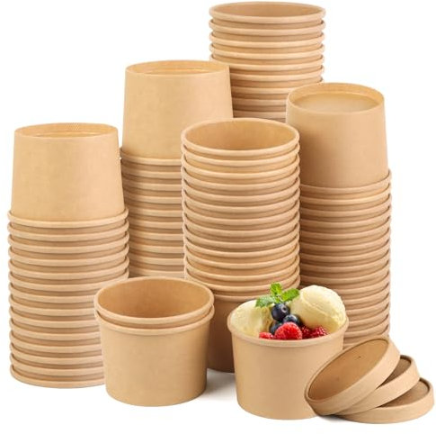 Lot de 50 récipients à soupe jetables en papier kraft avec couvercles pour dessert, yaourt, crème glacée et crème glacée de 355 ml