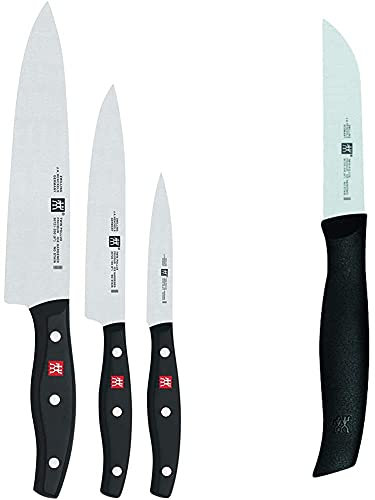 Zwilling Messer-Set, 3-tlg., Spick-/Garniermesser, Fleischmesser, Kochmesser, Rostfreier Spezialstahl/Kunststoff-Griff, Twin Pollux & 38720080 Twin Grip Gemüsemesser, schwarz
