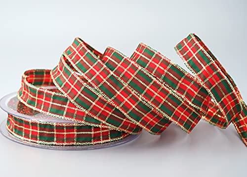 20 m x 15 mm Karo Weihnachtsband GRÜN ROT GOLD (123) mit Lurex Drahtkantenband Dekoband Geschenkband Schottenkaro Glanzband Goldkante Draht Schleifenband Winter Christmas Check