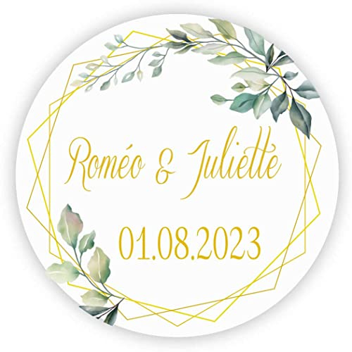 MameArt 50stk 4cm Personalisiert Hochzeit Aufkleber, mit Namen und Datum Sticker für Hochzeit Gastgeschenk Taufe Kommunion Geburtstag Feste Geschenke Präsente (Kranz B)