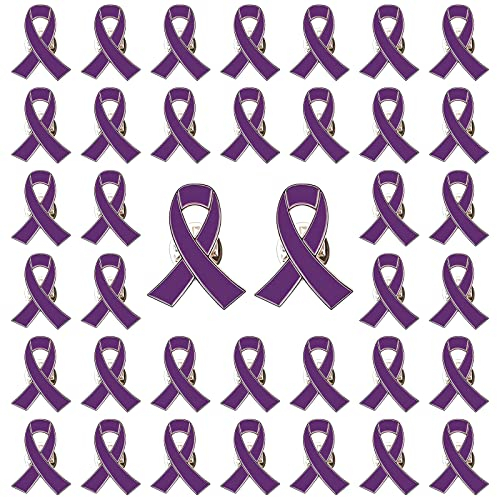 WANDIC 50 Stück lila Bandbroschen für häusliche Gewalt, Lupus, Alzheimer, Bauchspeicheldrüsenkrebs, mit Box, 2,5 x 2 cm