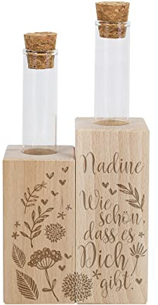 Herz & Heim® Holzvase mit Reagenzgläsern inklusive persönlicher Gravur Schön, dass es dich gibt