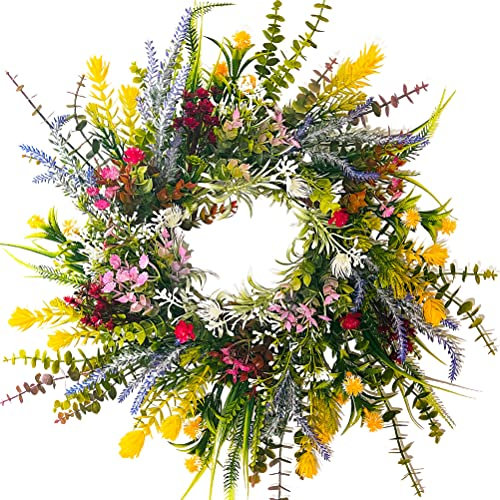 Eeneme Corona colorida de primavera de 15 pulgadas - Corona de flores artificiales de margarita y lavanda - Texas Wildflower Corona Puerta de entrada Decoración del hogar