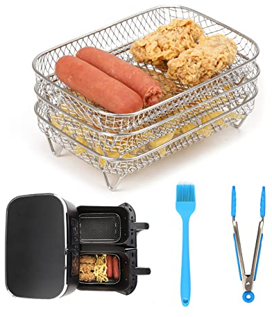 CUTIECLUB 304 Stainless Steel Air Fryer Rack for Ninja Foodi AF300UK, AF400UK & 7.6L-9.5L or Larger Dual Air fryer, Stackable Dehydrator Toast Oven Rack with Clip and Silicone Brush Set