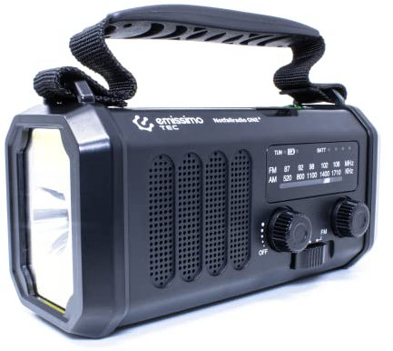 Emissimo Tec Solarradio -ONE-Plus Notfallradio Kurbelradio Powerbank Taschenlampe USB-C (Schwarz)