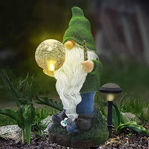The Enchanted Garden - Statua da giardino a forma di gnomo da giardino, in resina, per esterni, a energia solare, con luci LED da giardino, statuetta per patio, prato, cortile, decorazione