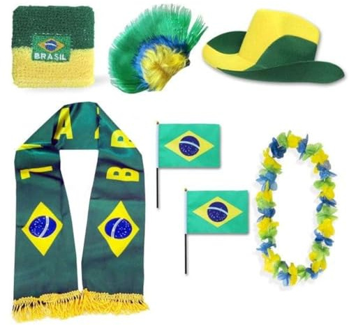 Sonia Originelli Fanset Fanartikel Fanhut Blumenkette Fanschal Schweißband Fähnchen Perücke WM EM Farbe: Brasilien Irokese