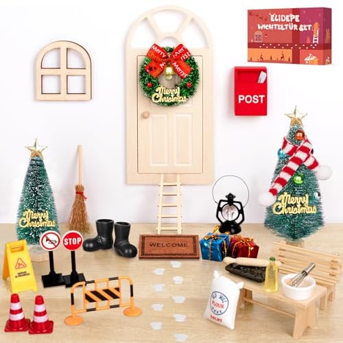 Elidepe Wichteltür Set, Wichtel Zubehör Weihnachten, Wichteltür Komplettset für Kinder, Wichtel Zubehör für Weihnachtsdeko, Kleine Geschenke für Kinder, Wichteltüren Set mit Briefkästen, Zäun, Kranz