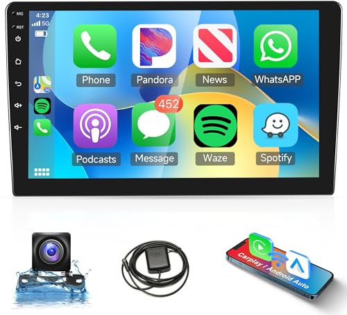 2GB 64GB Double Din Android Car Stereo with Wireless Carplay, Rimoody 9-Inch Touch Screen GPS Navigation Bluetooth FM RDS WiFi USB Android Auto + AHD Backup Camera