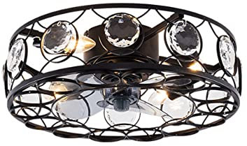 SXSGSM TWG Crystal Caged Ceiling Fan With Lights Remote Control,18 Inch Black Industrial Ceiling Fan Low Profile For Bedroom Kitchen Living Room 4 × E26 Base (No Bulbs Included) The New