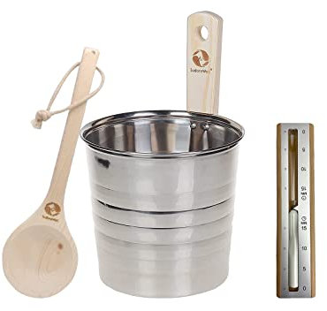 SudoreWell® Edelstahl Saunakübel Saunaeimer hochwertig mit Griffdaube plus Saunakelle 35cm und Sauna Sanduhr Exklusiv Alu Silver 15 Minuten aus Kiefernholz