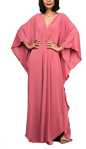 YouKD Maxi abito lungo da donna bohémien in stile caftano, taglia unica, adatto come copricostume, vestaglia e per abbigliamento da casa, Un rosso chiaro, Taglia unica