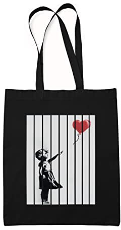 Maikomanija Banksy Schultertasche für Mädchen, Ballon, umweltfreundlich, wiederverwendbar, Baumwoll-Leinen, waschbar, Einkaufstasche, Schwarz , Einheitsgröße