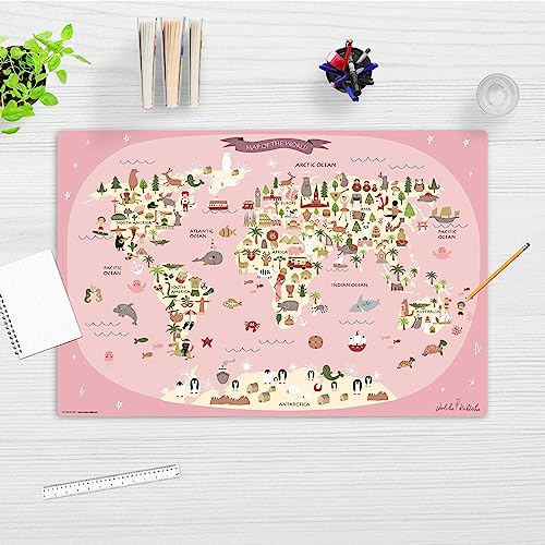 coveryourdesk Sous-main effaçable pour enfants - Carte du monde rose avec animaux - 60 x 40 cm - En vinyle de - Fabriqué en Allemagne C07_23_91_007