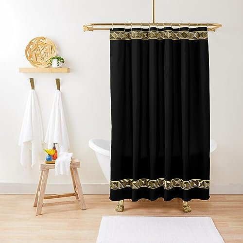 ZGDPBYF Duschvorhang Gold griechischer Schlüssel Geometrisch Schwarz Gold Wasserdicht Duschvorhang Stoff Badezimmer Dekor mit Haken 200 B x 180 H cm