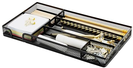Annova Desk Drawer Organizer Tray for Office Organization - Metal Mesh - Storage Tray with Dividers for Pens, Desktop Accessories, Bathroom, Kitchen, Makeup and Office Supplies (Black)