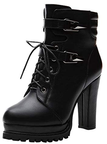 liaddkv Tacco corto da donna con suola spessa, stivali per il tempo libero -Strap High Moto stivali da donna scarpe da donna 40 H larghezza, Nero , 39 EU