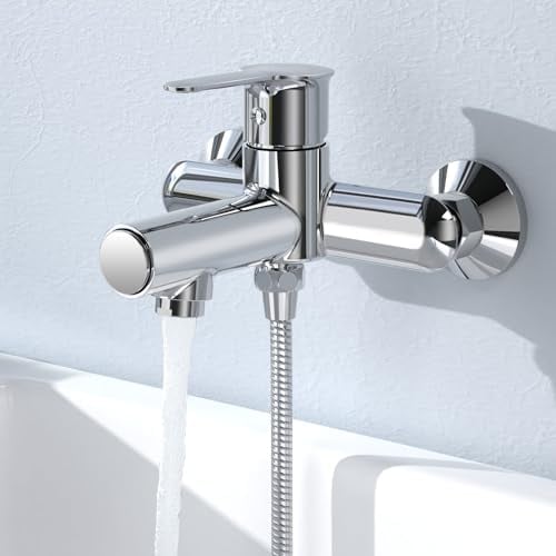 KULACO Rubinetto per vasca da bagno, Rubinetto per vasca da bagno con interruttore a pressione, Rubinetto in ottone per il montaggio a parete, Miscelatore monocomando cromato per doccia per bagno