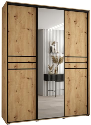 MEBLE KRYSPOL Davos 11 190 Schrank mit DREI Schiebetüren für Schlafzimmer - Moderner Schrank mit Spiegel, Kleiderstange und Regalen - 235,2x190x45 cm - Artisan Artisan Schwarz