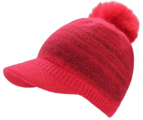 dy_mode Warme Damen Strickmütze mit festem Schirm, gefüttert und zweifarbig - Winter Schirmmütze mit Bommel - A500 (DE/NL/SE/PL, Alphanumerisch, Einheitsgröße, A500-Rot)