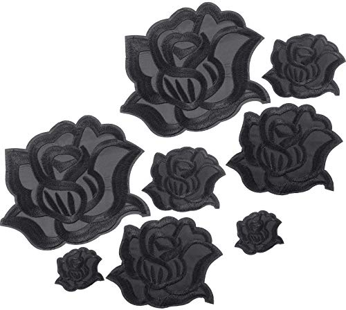 XZEIT 8 Stück schwarz rosen-applikationen, Rose Bügelflicken, Schwarze Rose Stoffflicken Rosenblume Reparaturflicken 4 Größen zum Aufbügeln oder Aufnähen für Jacken, Jeans,Kleidung,Hüte,Schuhe, Tasche