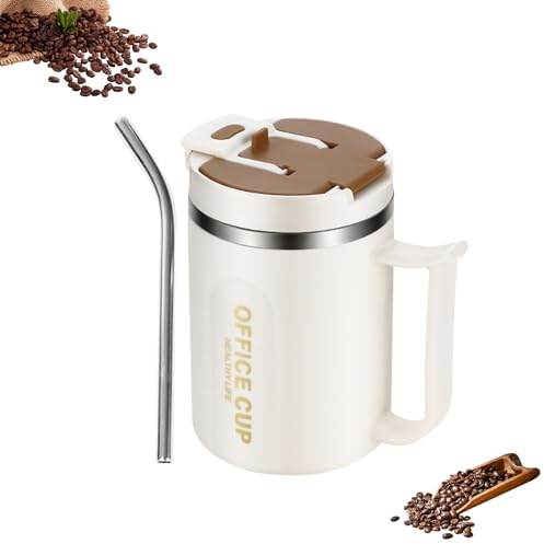 Thermobecher mit Henkel Thermo Kaffeebecher To Go, 500 ml Edelstahl Thermotasse mit Deckel und Strohhalm, Coffee to go Becher, Coffee Mug Thermotasse für Unterwegs Umweltfreundlich (braun)