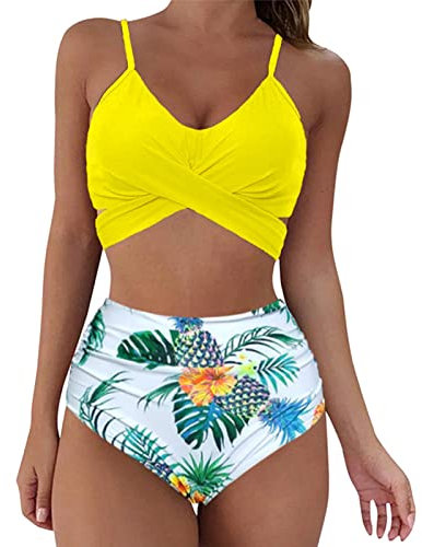 High Waisted Bikini Set Bravissimo, Tummy Control Women's Bikini Sets, Back Braided Straps Lace up Women's Bottom Bathing Suits Vintage Print Swimwear St Patrick's Day Running Hiking