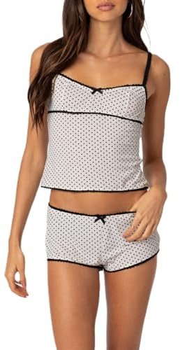 Betrodi Women 2 Piece Pajama Outfits Sleeveless Floral Print Crop Cami Top Low Waist Shorts Pj Lounge Set Y2k Sleepwear (Dots White, M)