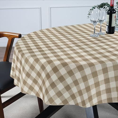 Tischdecke Stoff abwaschbar Tischtuch Tafeldecke pflegeleicht Lotuseffekt schmutz- & wasserabweisend für Indoor Outdoor Tischdecke Oval 180x140cm Schnittkante Karo Beige